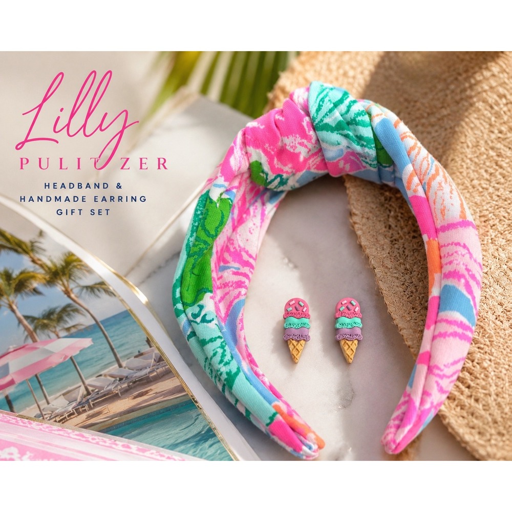 Lilly Pulitzer Knotted Headband Boutique Ice Cream Earrings Preppy Gift Set